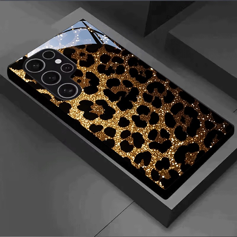 Glitter Shockproof Case - Gold Glitter Leopard Print Tempered Glass